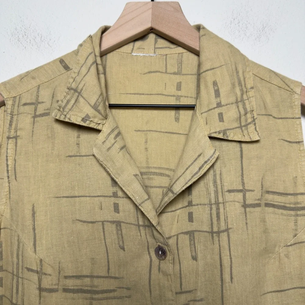 Women 100% Linen Tunic Sleeveless Top Large Tan Abstract Pockets‎ Artsy Coastal - Picture 5 of 6